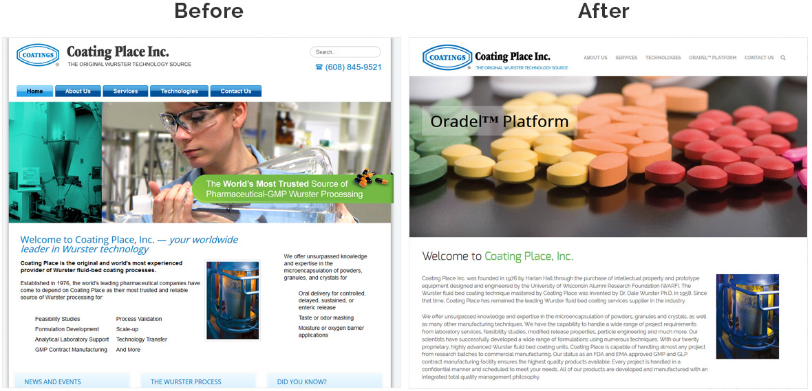 Before & After Screenshot of Coating Place's Home Page