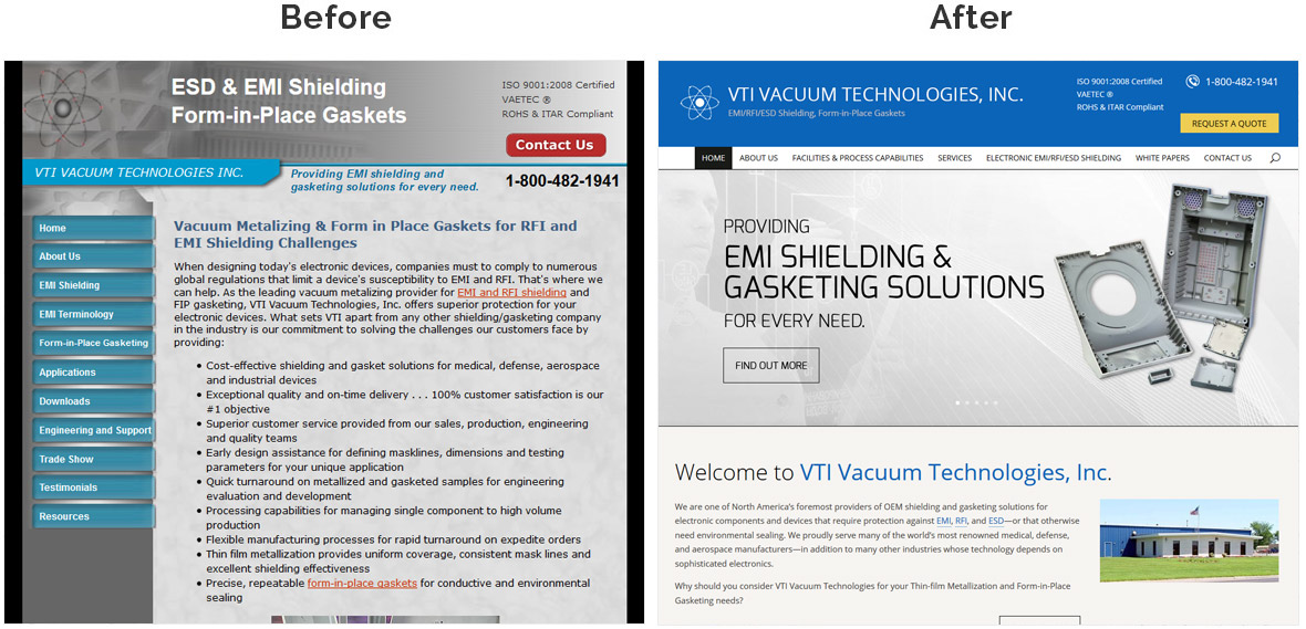 Before & After Screenshot of VTI Vacuum Technologies, Inc.'s Home Page