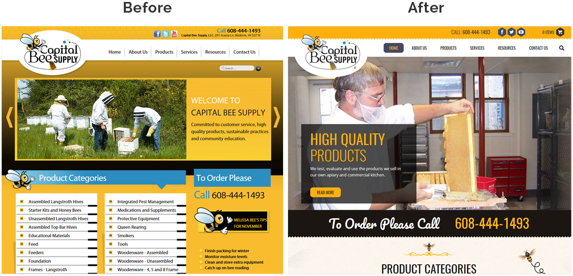 Before & After Screenshot of Capital Bee Supply's Home Page