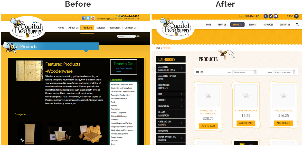 Before & After Screenshot of Capital Bee Supply's Inside Page