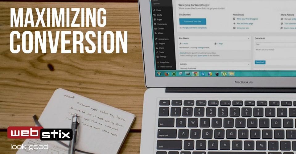 Maximizing Conversion - and there's a photo of a laptop, pen, and notebook for taking notes