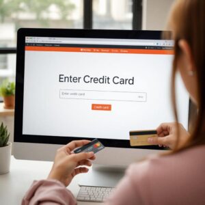 A woman entering her credit card into a website