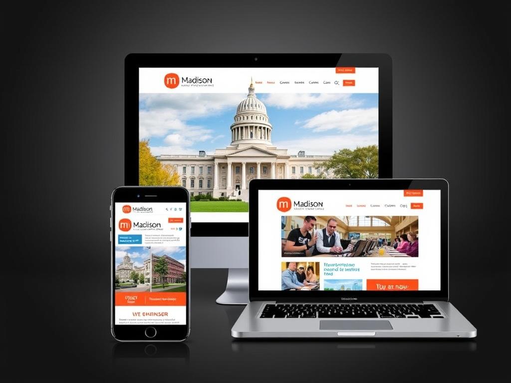 Responsive web design example showing a Madison business website on multiple devices Responsive web design example showing a Madison business website on multiple devices