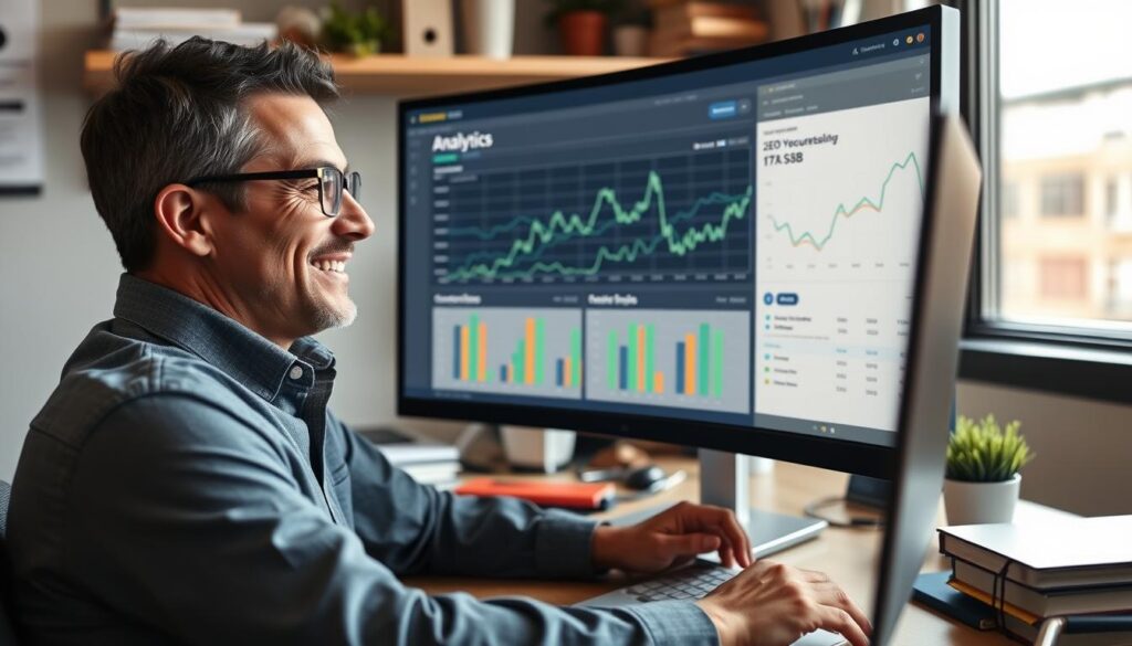 Man analyzing positive SEO analytics data
