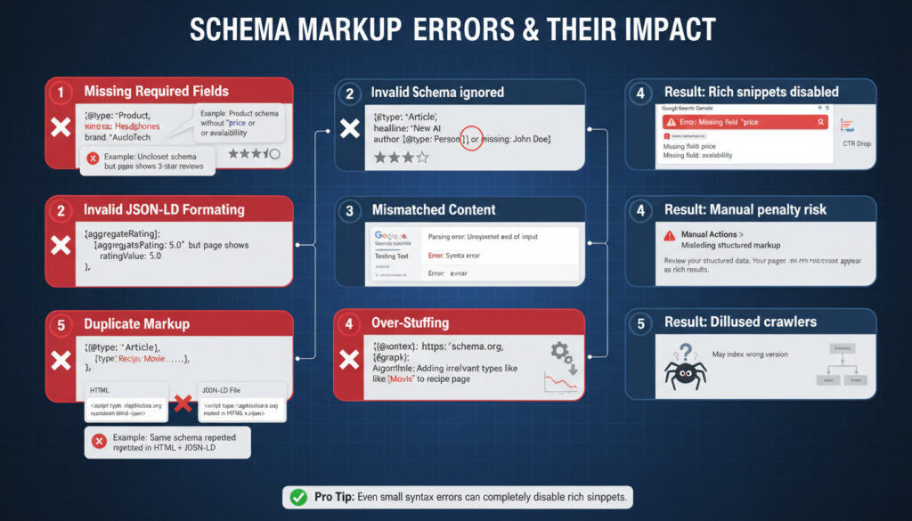 Diagram showing common schema markup errors that prevent improved search rankings