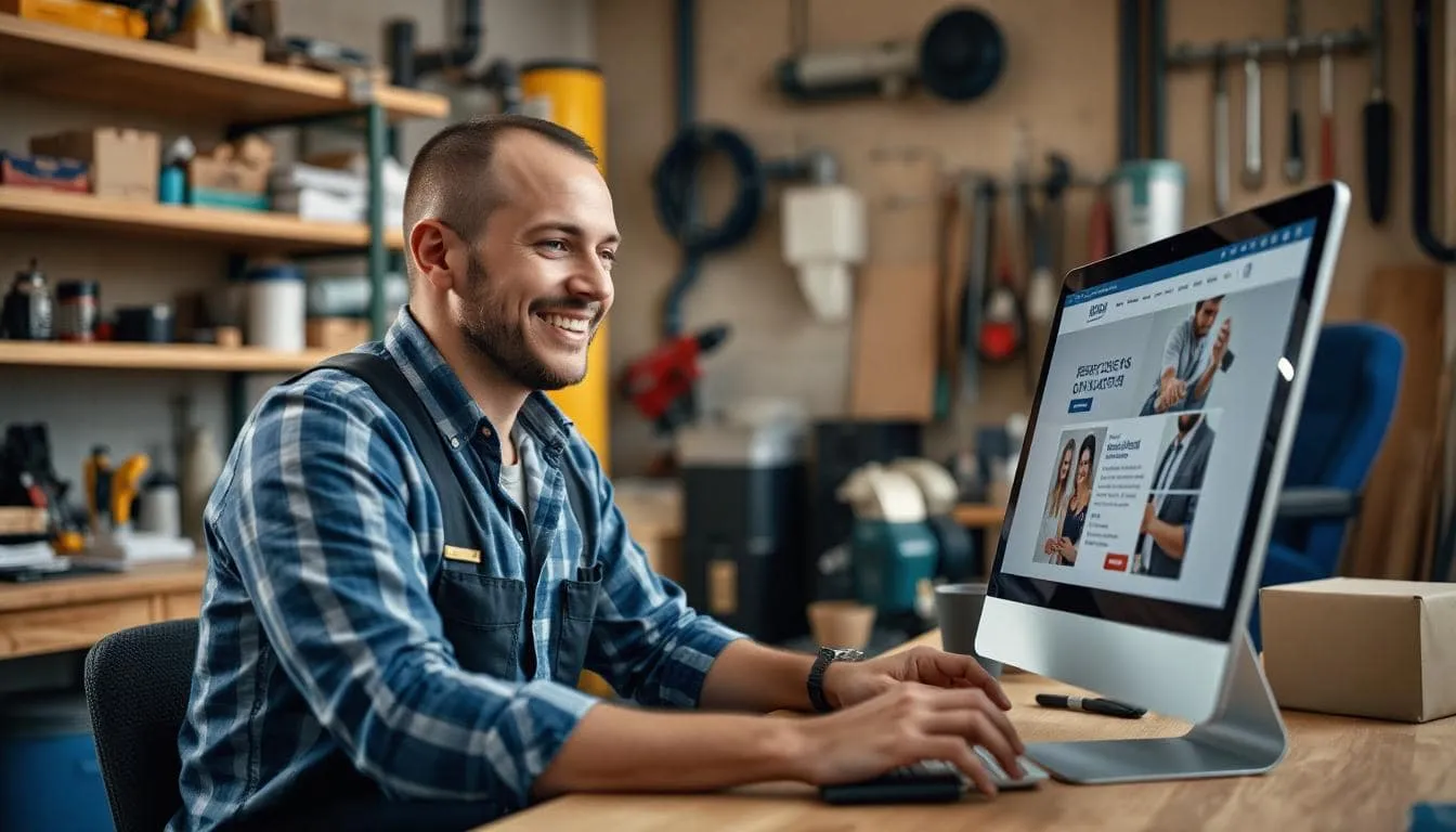 Smiling man working on computer