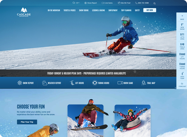 Ski resort website with activities