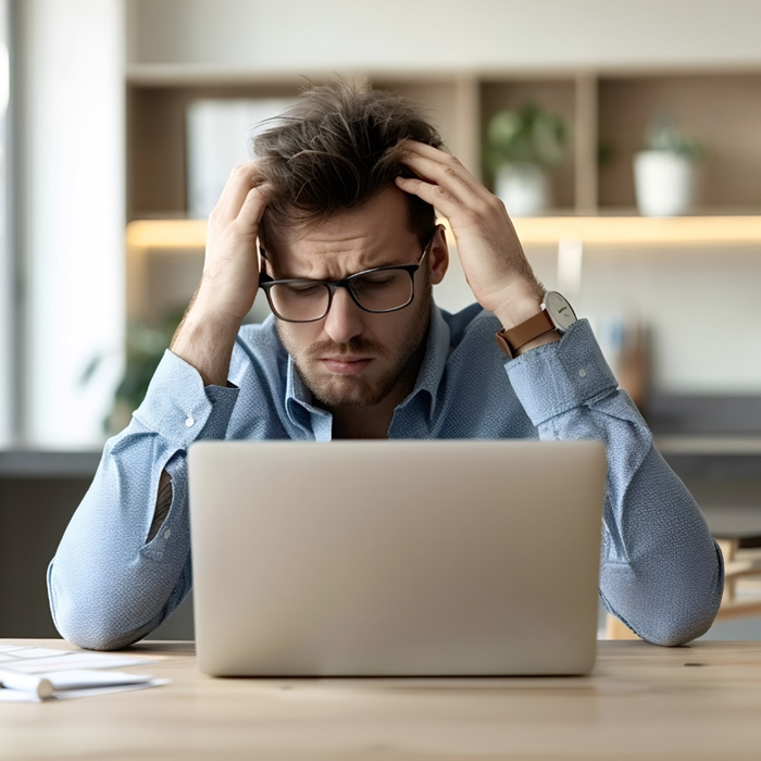 Stressed man working on laptop