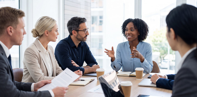 Diverse group discussing in a meeting.