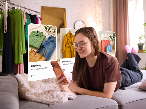 Woman using smartphone on a couch.