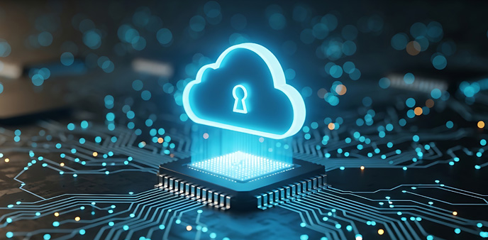 Blue cloud with lock on circuit board.