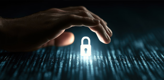 Hand hovering over digital padlock.