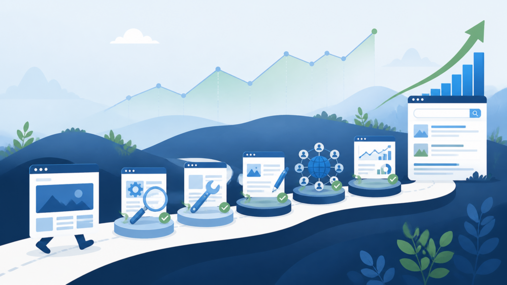 Illustration of the long-term SEO process, from technical website fixes and content improvements to authority building and increased search visibility.
