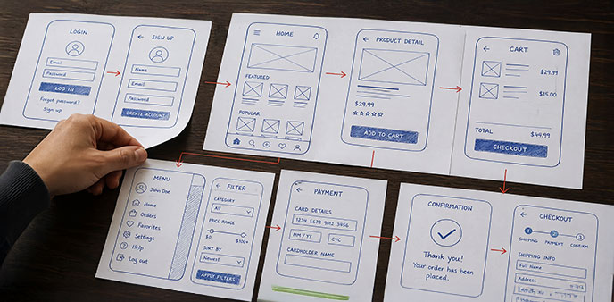 Hand holding sketched mobile app wireframes.
