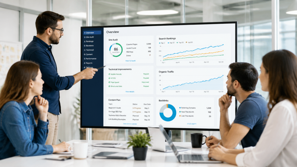 SEO team reviewing technical website improvements and a long-term organic search strategy