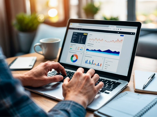 Laptop displaying data analytics graphs.