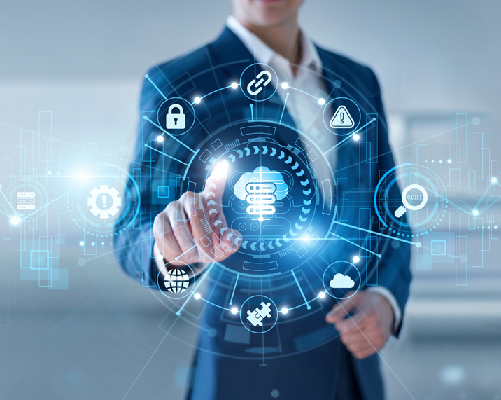 Businessman interacting with digital icons.