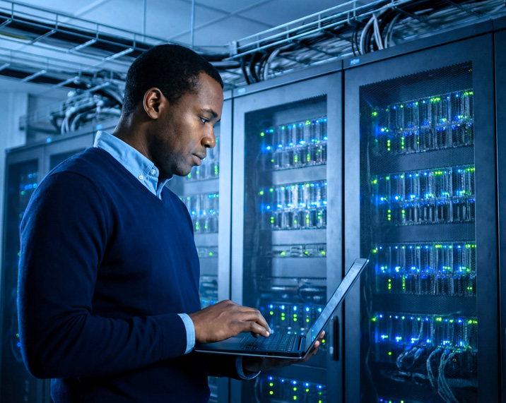 Man using laptop in server room.