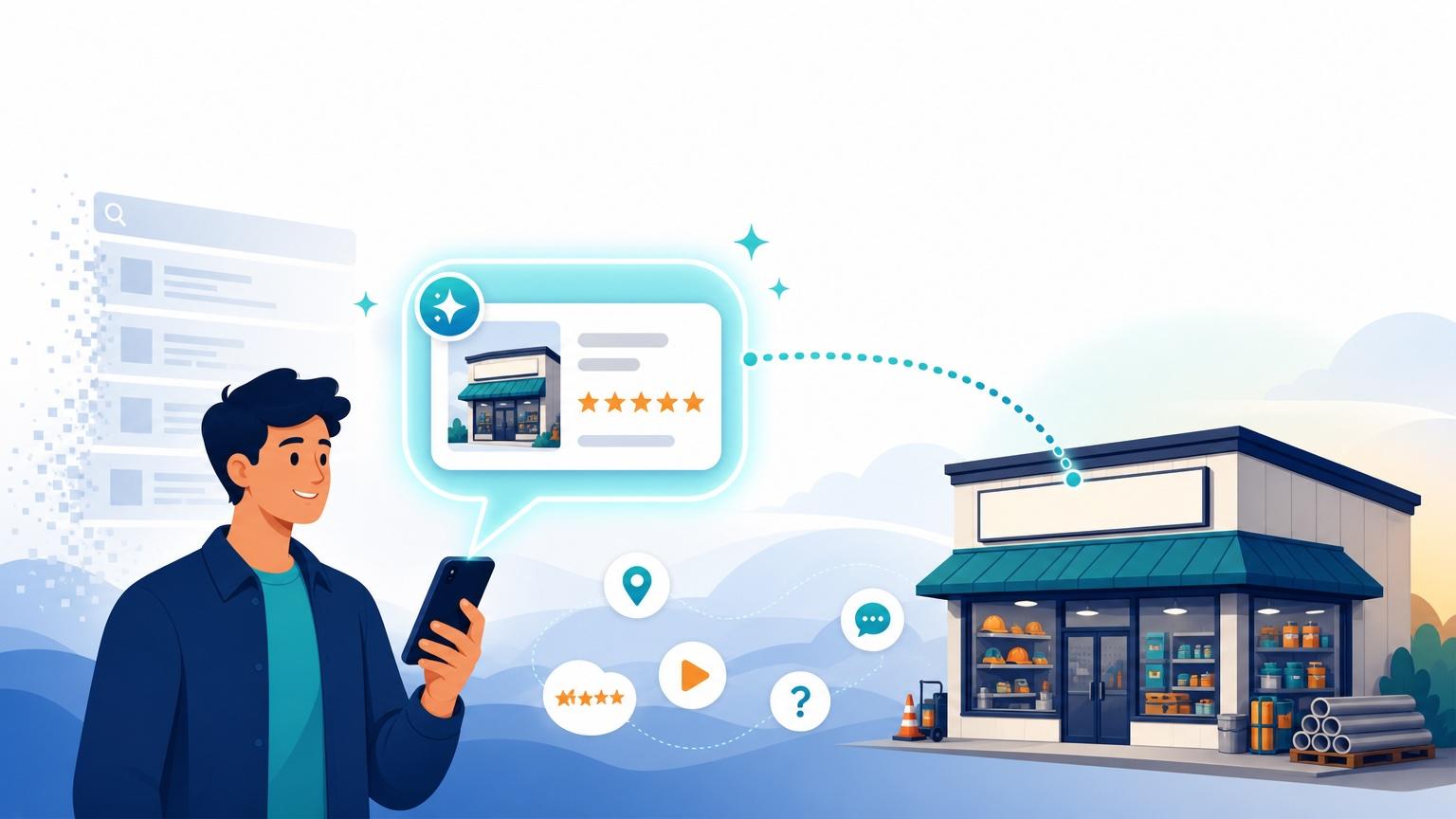 Illustration of a customer holding a smartphone as an AI chat bubble recommends a nearby local business storefront, while traditional search results fade away in the background.